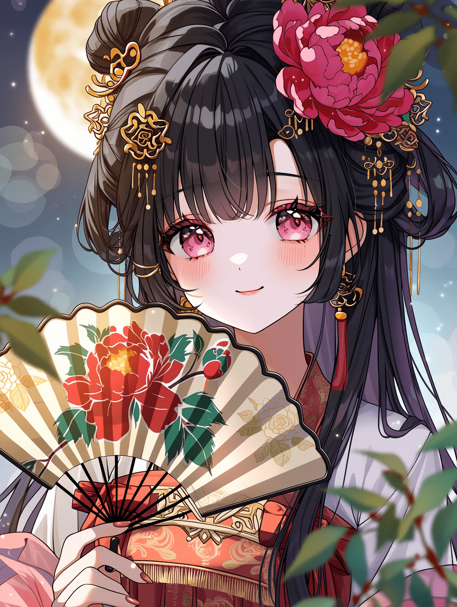 动漫风格，身穿传统中国汉服的年轻女子，黑色长发插着精致的金色发簪和红色牡丹花，手持绘有梅花图案的装饰团扇，粉色眼睛，温柔的微笑，三分法构图，浅景深，虚化的月亮背景，平视肖像，平衡的构图，前景有树叶。