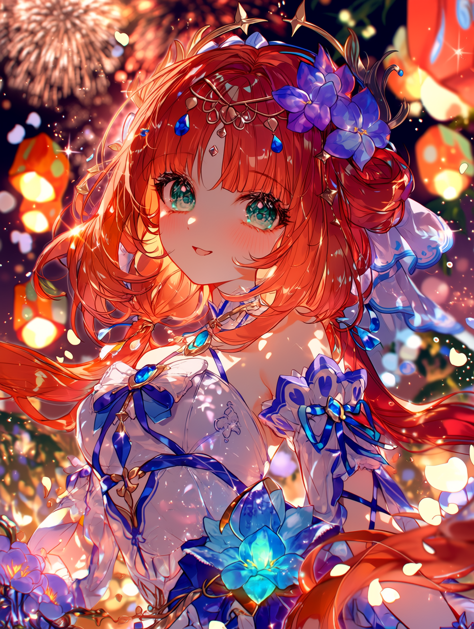 细致的动漫插画，描绘妮露身着节日庆典礼服，精致的蕾丝与丝带装饰，腰间闪耀着水之神瞳的光芒，温暖的灯笼光映照在她红色的秀发与眼眸上，背景是璀璨的烟花，漂浮灯笼的柔焦光晕，飘落的花瓣，高分辨率，专业数字艺