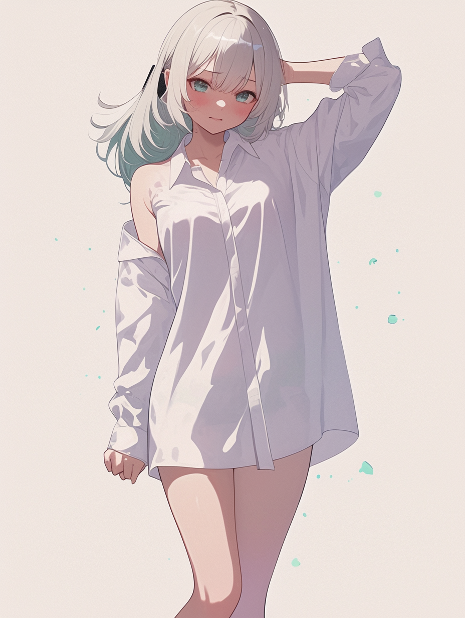 动漫插画，一位害羞的少女身穿白色宽松衬衫，全身照，姿态动态而优雅，采用三分法构图，浅景深将主体与浅色背景分离，平视角度，专业动漫构图