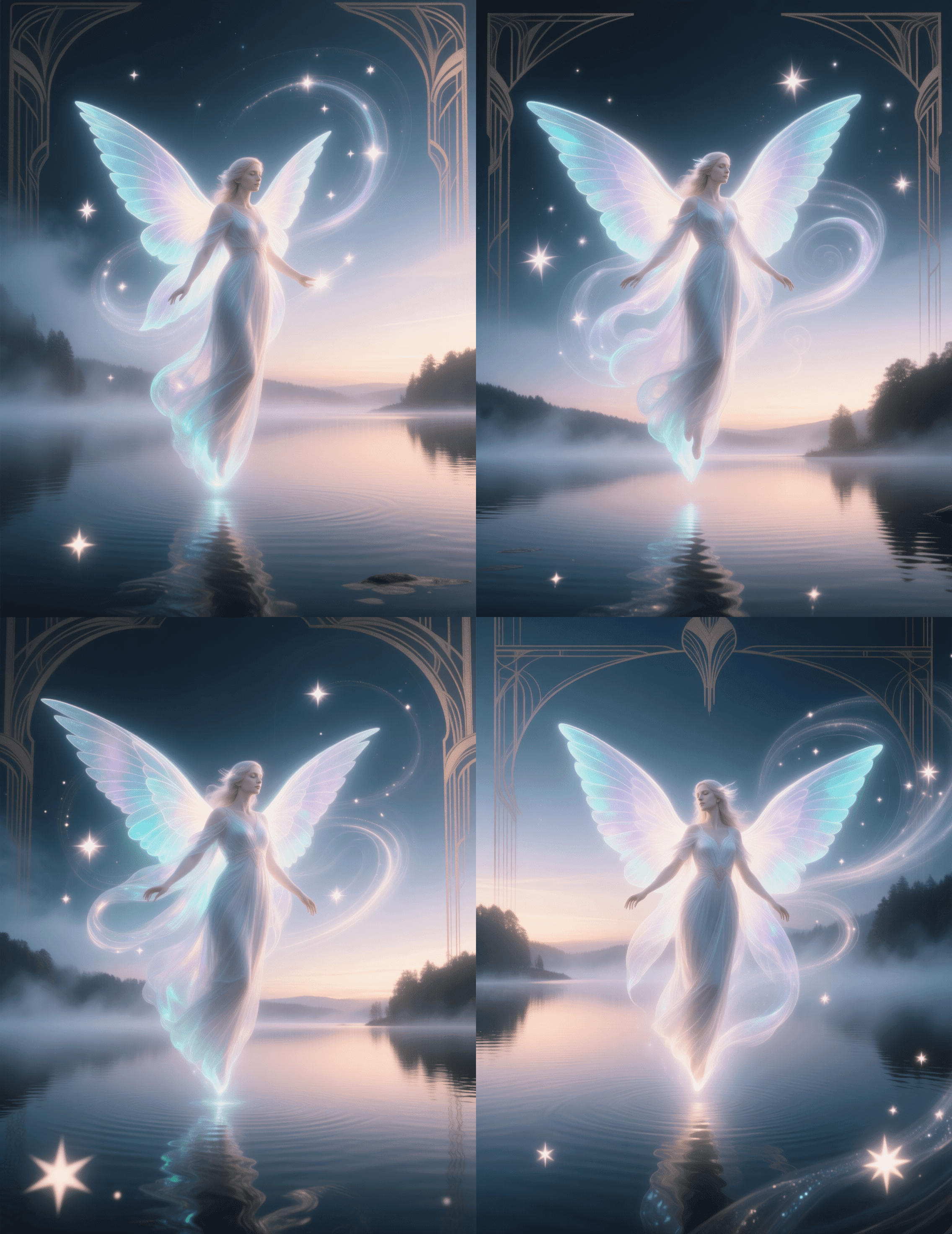 梦境女神，空灵而光辉，在黎明时分悬浮于宁静湖面之上。她半透明的翅膀闪烁着柔和的生物荧光色彩，目光宁静，引导迷途的灵魂进入梦境。周围环绕着旋转的星光与薄雾，营造出神秘而魔幻的氛围。采用装饰艺术（Art 