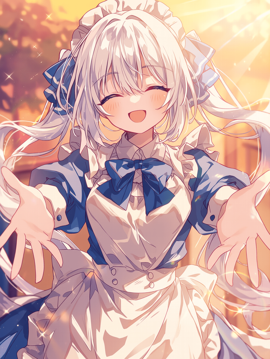 动漫风格， cheerful 银发双马尾少女，佩戴大蝴蝶结，身穿蓝色女仆装，张开双臂做出欢迎姿态，脸颊泛着柔和红晕，眼睛幸福地闭起，沐浴在金黄时刻的暖光中，画面具有电影感氛围，色彩增强，点缀着明亮闪烁