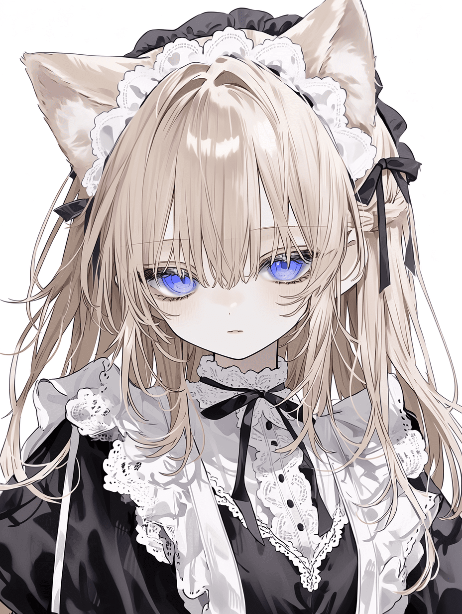 动漫风格，金发猫耳少女身着黑白女仆装，拥有猫耳和紫色眼眸，超精细的褶边纹理，复杂的蕾丝图案，细腻的发丝，锐利的焦点，详细的布料褶皱，8K分辨率