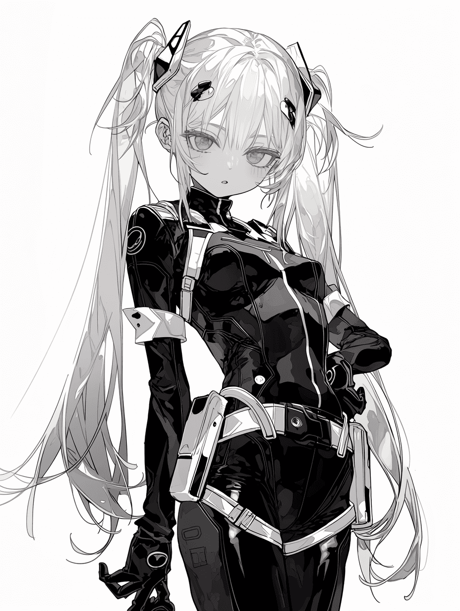 动漫风格，拟人化的Xbox Series X少女，白色双马尾，黑色未来战术服，线条流畅，单色色调搭配微妙点缀，神情自信，杰作，最高品质，高度细节，清晰线条