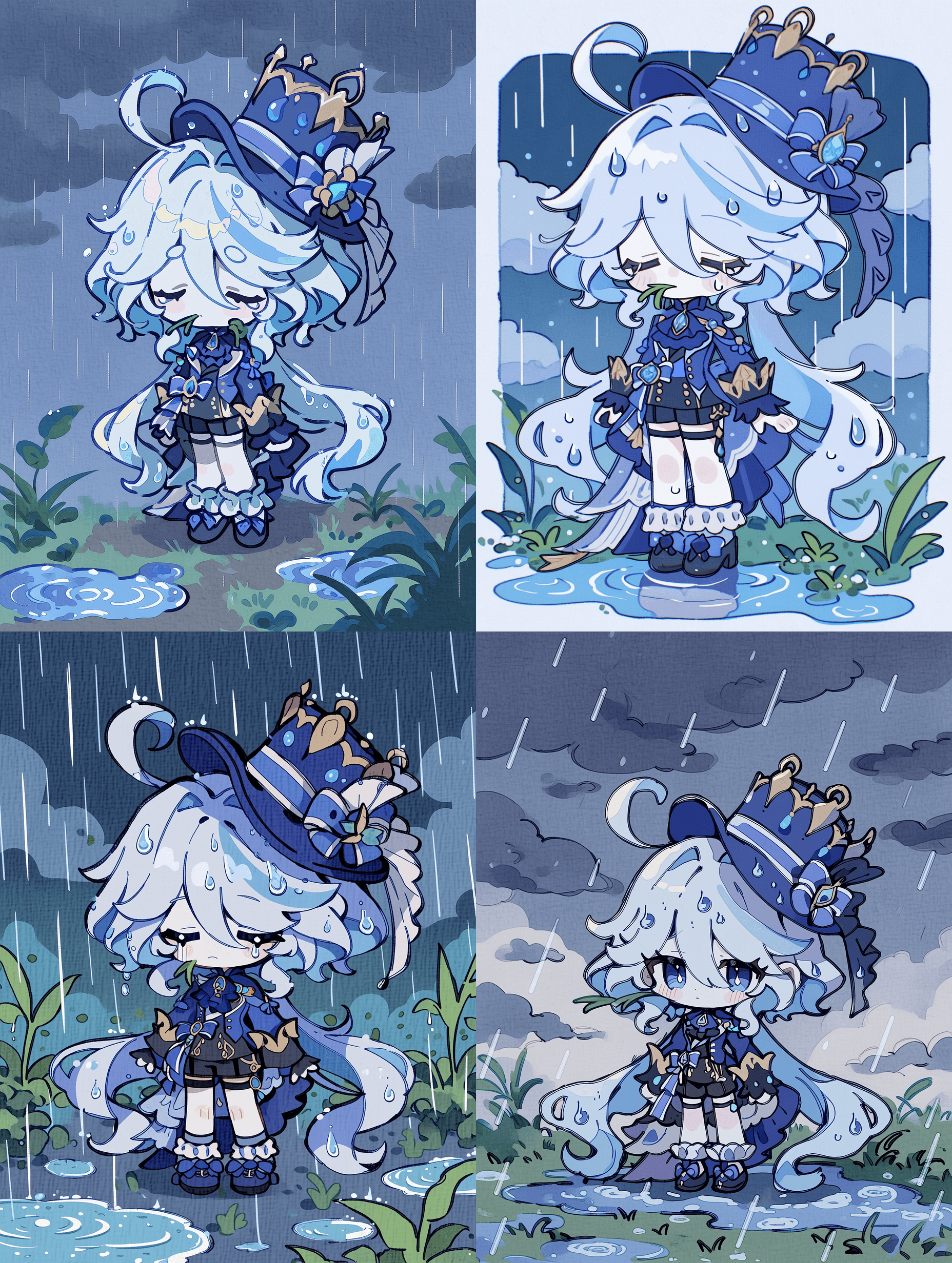 芙宁娜，原神角色，Q版风格，雨天忧伤主题，柔顺飘逸的浅蓝色长发上缀满水珠，闭眼流露出哀伤神情，头戴饰有花朵与丝带的深蓝色高顶礼帽，身穿带有金色装饰的深蓝外套、黑色短裤和蓝色鞋子，双手自然下垂站立，口中