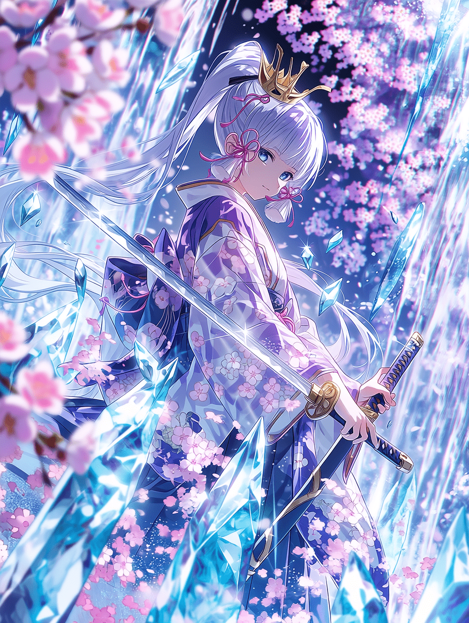 动漫风格，原神角色神里绫华，银色高马尾配金色发冠，冰蓝色眼眸，手持武士刀，身着带有樱花纹样的紫白和服，周围环绕着漂浮的冰晶与粉色樱花，背景为瀑布，采用三分法构图，浅景深，背景花朵呈现散景效果，动态低角