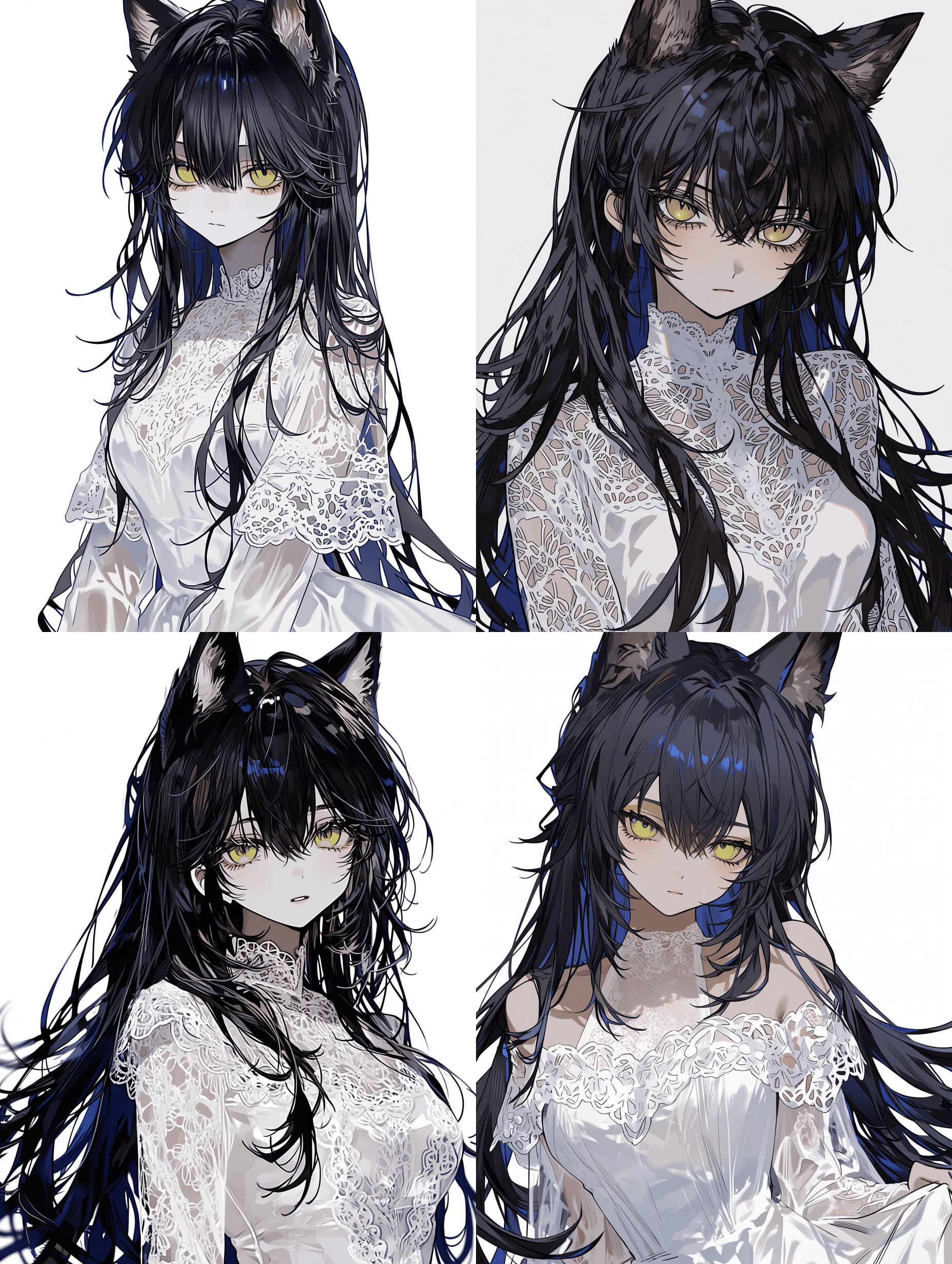 动漫风格插画，黑发狼裔少女，长发乌黑细腻并带有微妙蓝色光泽，白色礼服上布满精致蕾丝纹理，焦点集中在富有表现力的琥珀色眼眸，细腻线条绘画与柔和阴影渲染，8K超清画质