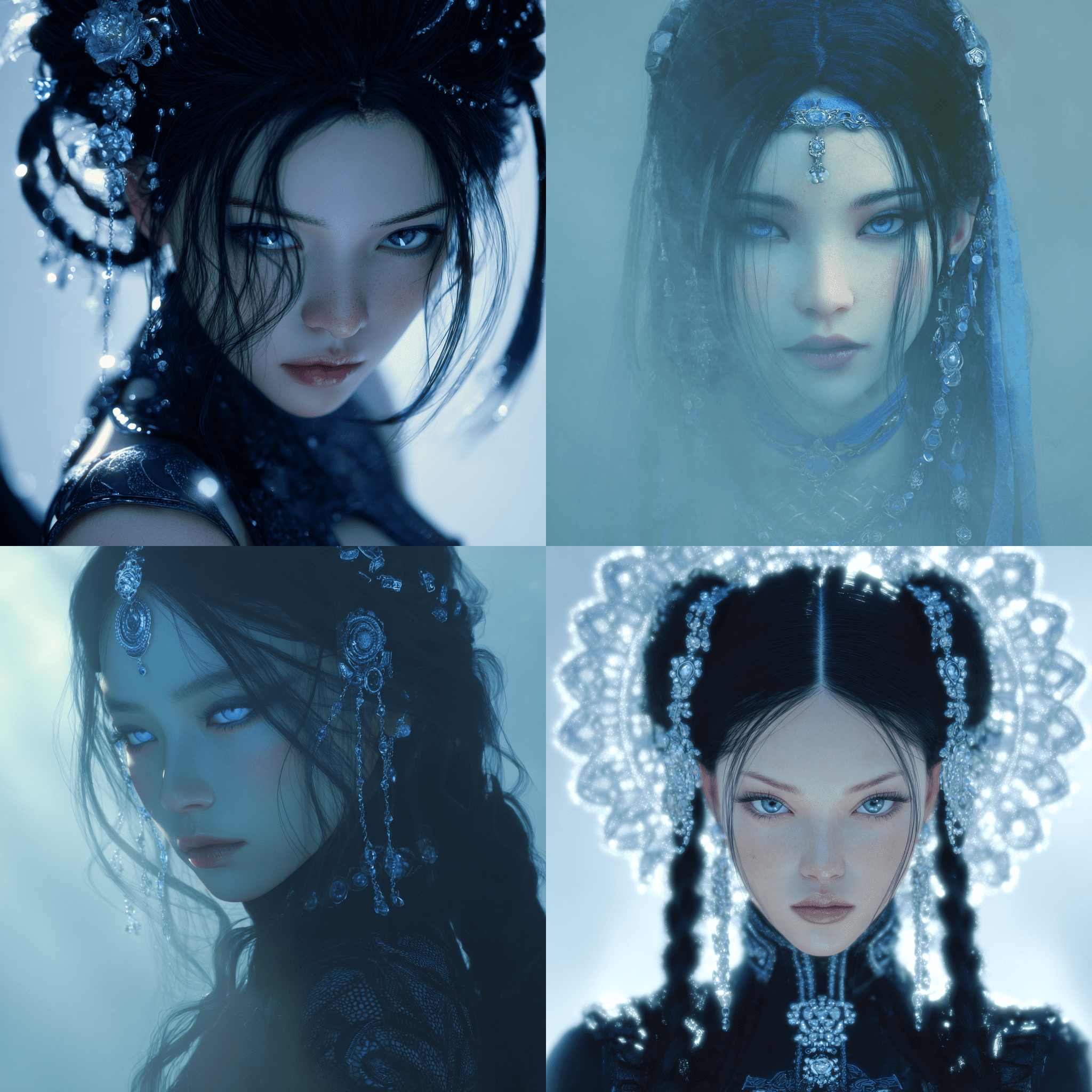 哥特式暗黑幻想风格，美式漫画艺术，亚洲女性战士角色，赛璐珞上色插画，虚拟偶像肖像，精致发饰，发光的蓝宝石色眼睛，如布格罗画作般的瓷白肌肤，空灵氛围，朦胧发光背景，细腻笔触，Unreal Engine 