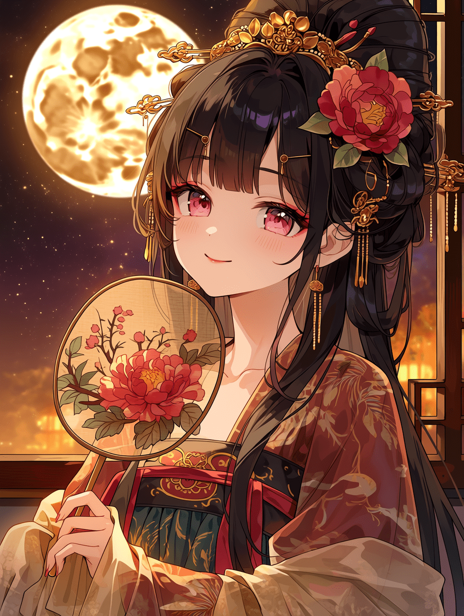 动漫风格，身着传统中式汉服的年轻女子，黑色长发配以精致金簪与红色牡丹花，手持绘有梅花图案的装饰团扇，粉色眼眸，面带温柔微笑，暖金色灯光，背景为满月夜空，杰作，最佳质量，高度细节