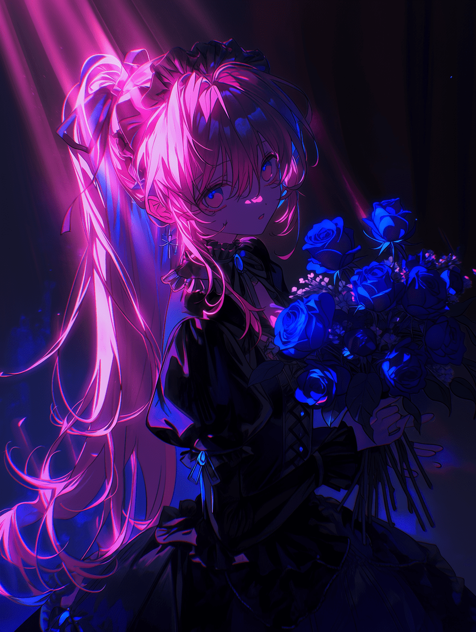 动漫风格插画，一位长发粉红高马尾的少女，手持一束蓝色玫瑰，身着黑色哥特洛丽塔裙装，运用强烈的明暗对比光影，粉红色发光高光与体积光束交织，营造神秘氛围，色彩对比鲜明。