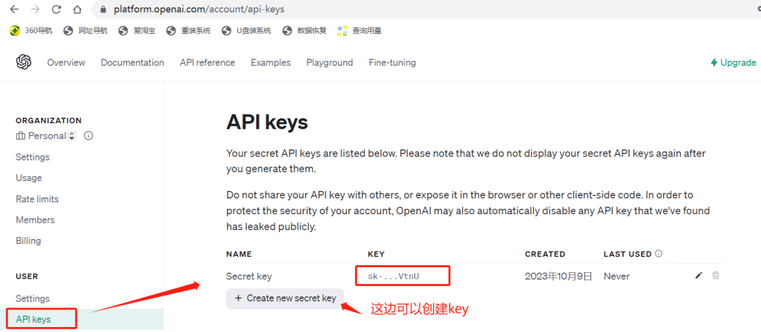 ChatGPT API Key页面