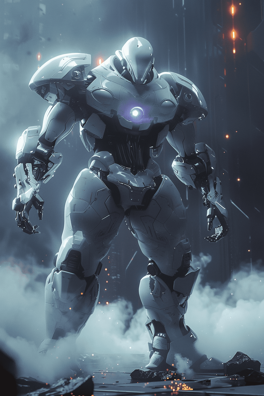 Low angle shot of a futuristic robotic knight, shining armor, dramatic lighting, towering over the viewer, smoke swirling around their feet