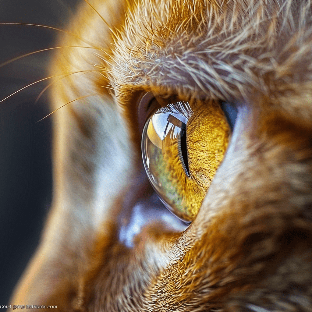Extreme close-up of a cat's eye, reflecting firelight, pupil dilated, gleam of mischief