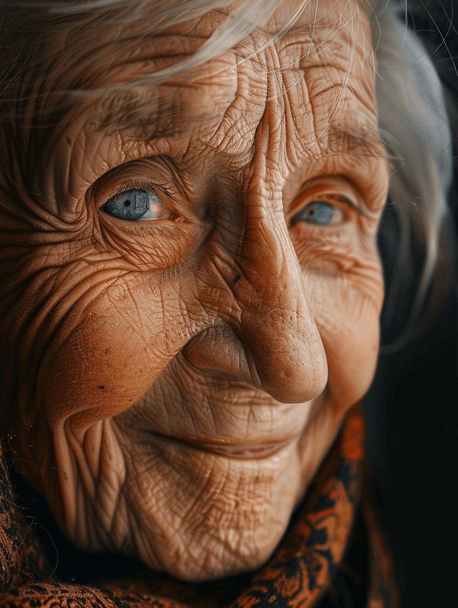 Portrait of a wise old woman, eye-level angle, detailed wrinkles, gentle smile, soft morning light