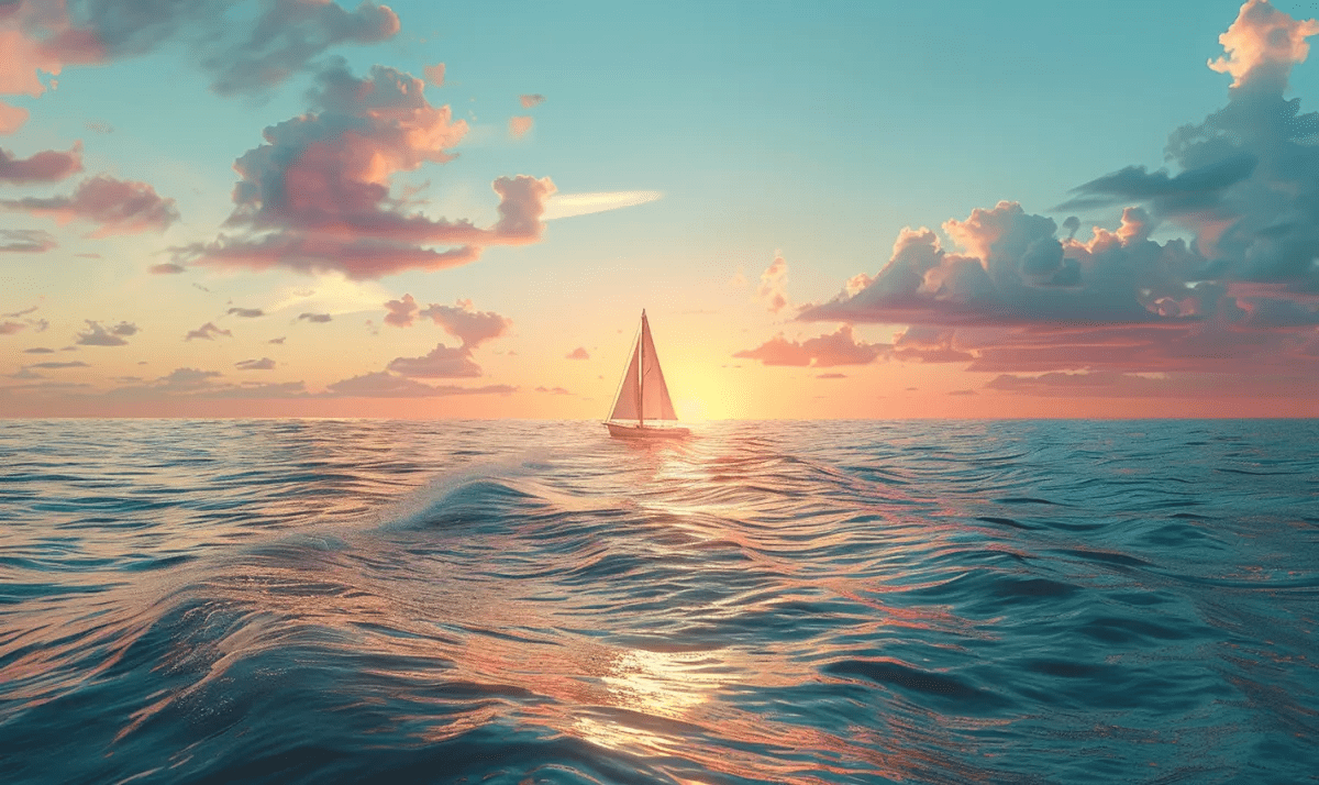 Wide shot of a lone sailboat on a vast ocean at sunset, vibrant colors, waves gently crashing, sense of peace and solitude