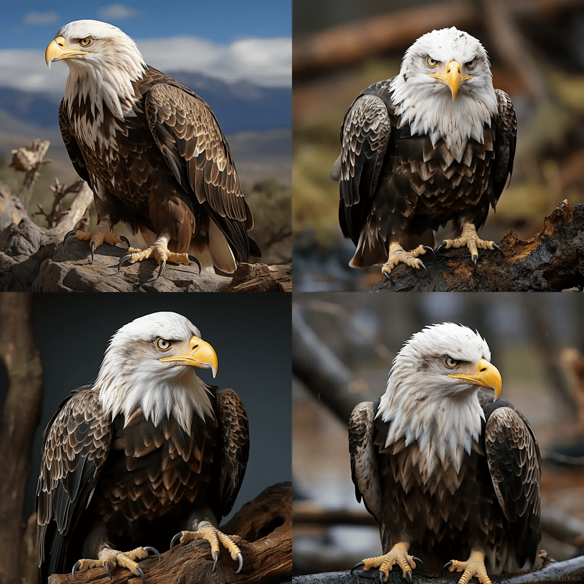 bald eagle full body shot eye level midjourney camera angle