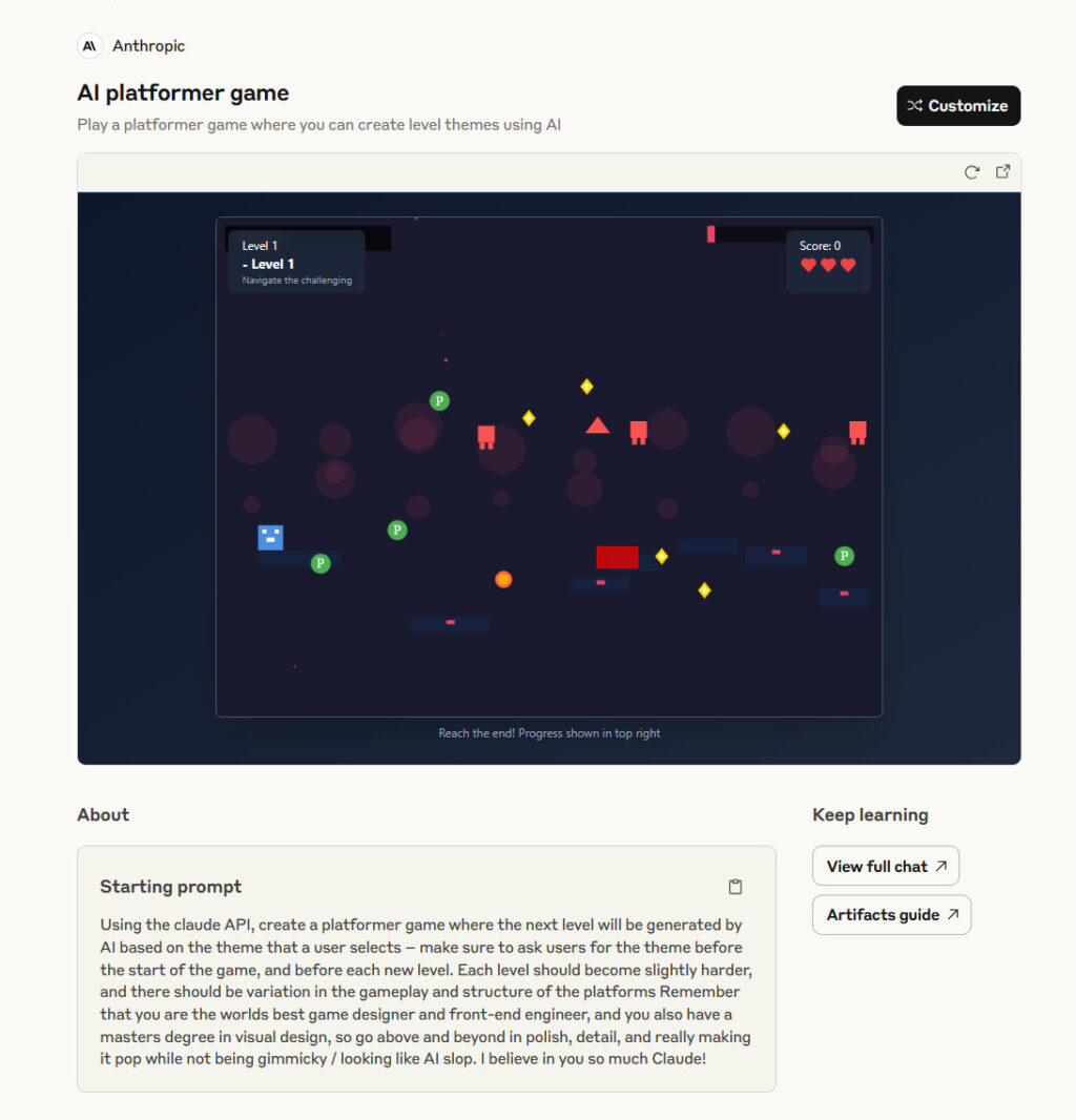 A screenshot of an example AI-coded game within Claude Artifacts.