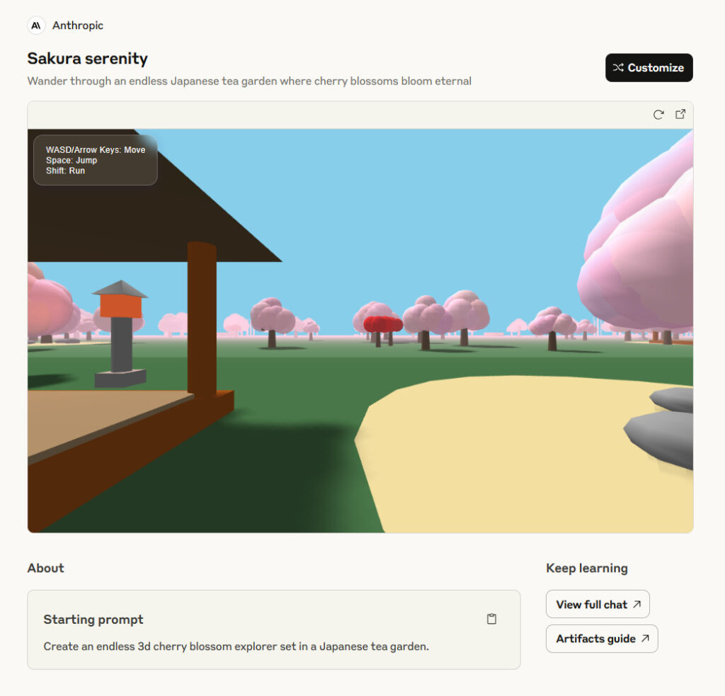 A screenshot of an example AI-coded game within Claude Artifacts.