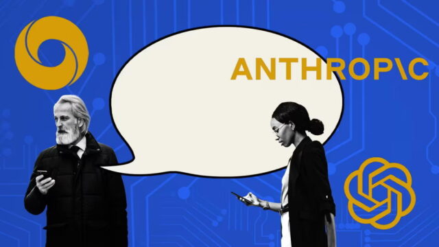 people staring at phones with logos of AI companies in the background