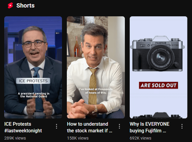 YouTube Shorts recommendations.