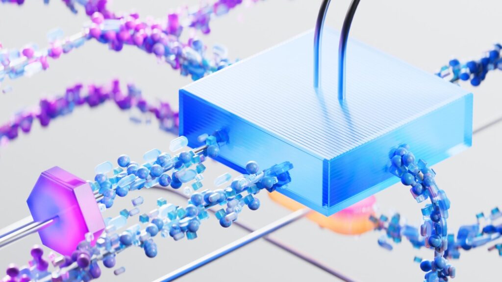 A blue square with wires and blue balls