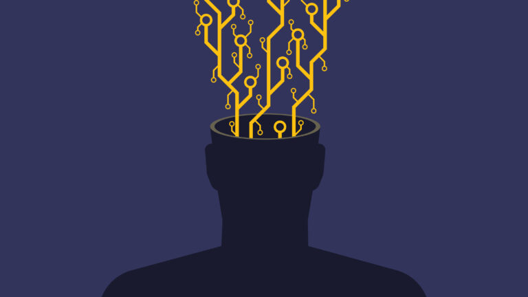 An image of a faceless human silhouette (chest up) with exposed microchip contacts and circuitry erupting from its open head. This visual metaphor explores transhumanism, AI integration, or the erosion of organic thought in the digital age. The stark contrast between the biological silhouette and mechanical components highlights themes of technological dependence or posthuman evolution. Ideal for articles on neural implants, futurism, or the ethics of human augmentation.