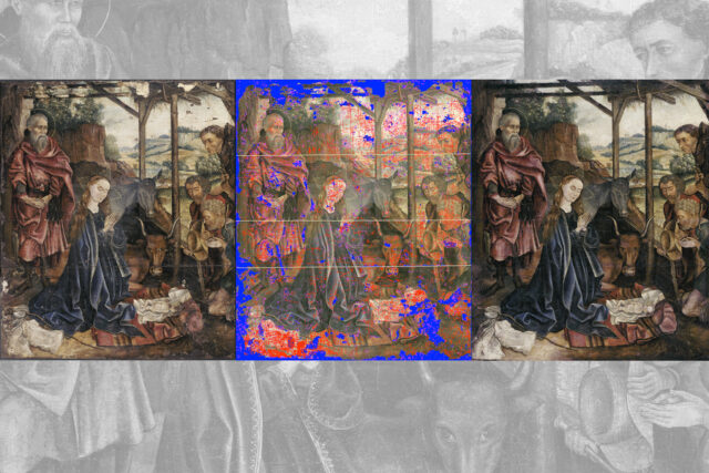 The restoration process from start to finish. Left: the painting in its damaged state. Center: a diagnostic map where green indicates complete breaks in the wood panel, red marks significant paint cracking, blue highlights major areas of paint loss, and pink identifies minor damage such as scratches. Right: the completed restoration with the polymer mask applied.
