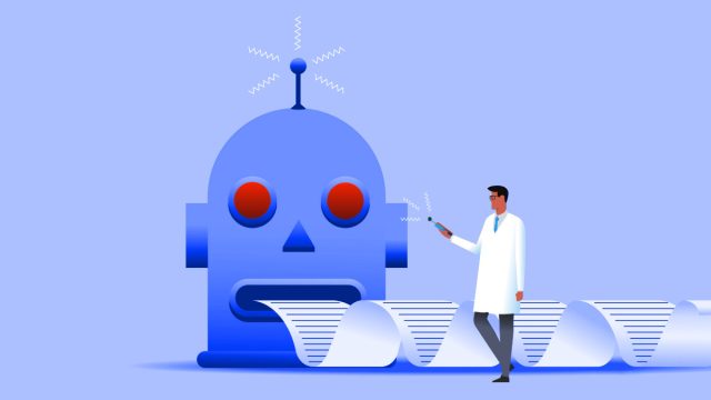 Illustration of robot hands using a typewriter.