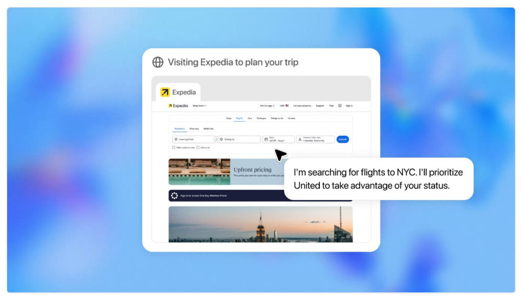 A still image from an OpenAI ChatGPT Agent promotional demo video showing the AI agent searching for flights.